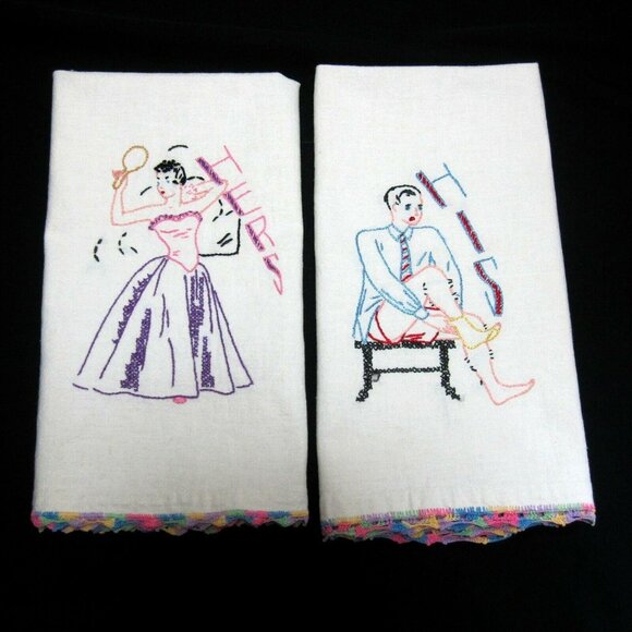Flour Sack Linen His and Hers Towels Embroidered Crochet Edge Vintage 1950s - Picture 1 of 11